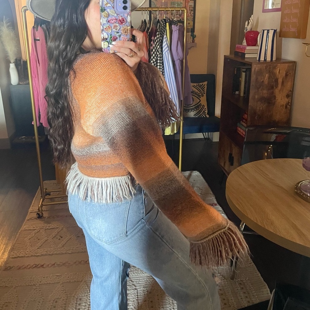 Zara Orange Brown Striped Fringe Sweater - Picture 13 of 13